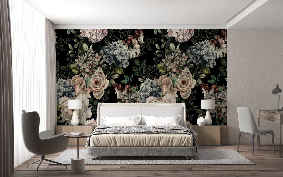 Fototapet ramuri înflorite pe un fundal întunecat