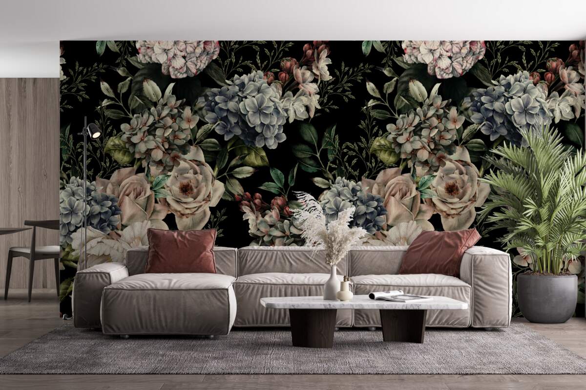 Fototapet ramuri înflorite pe un fundal întunecat