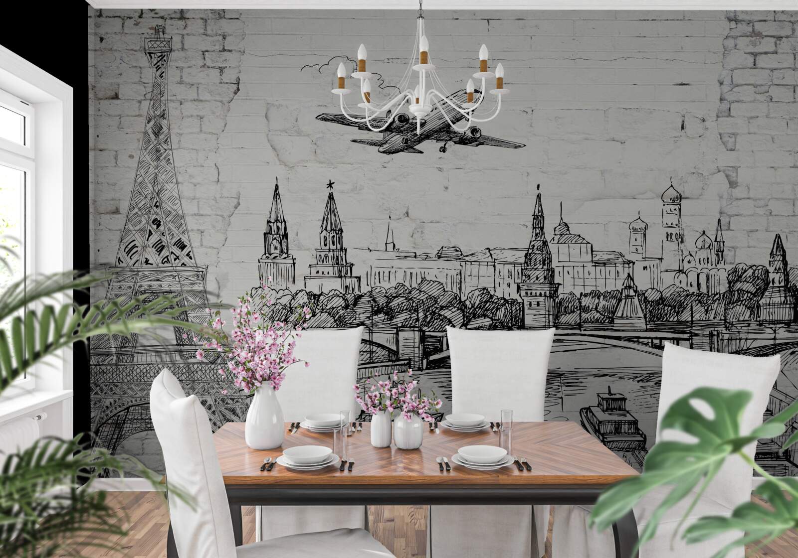 Fototapet un oraș în alb și negru, construit din cărămizi albe