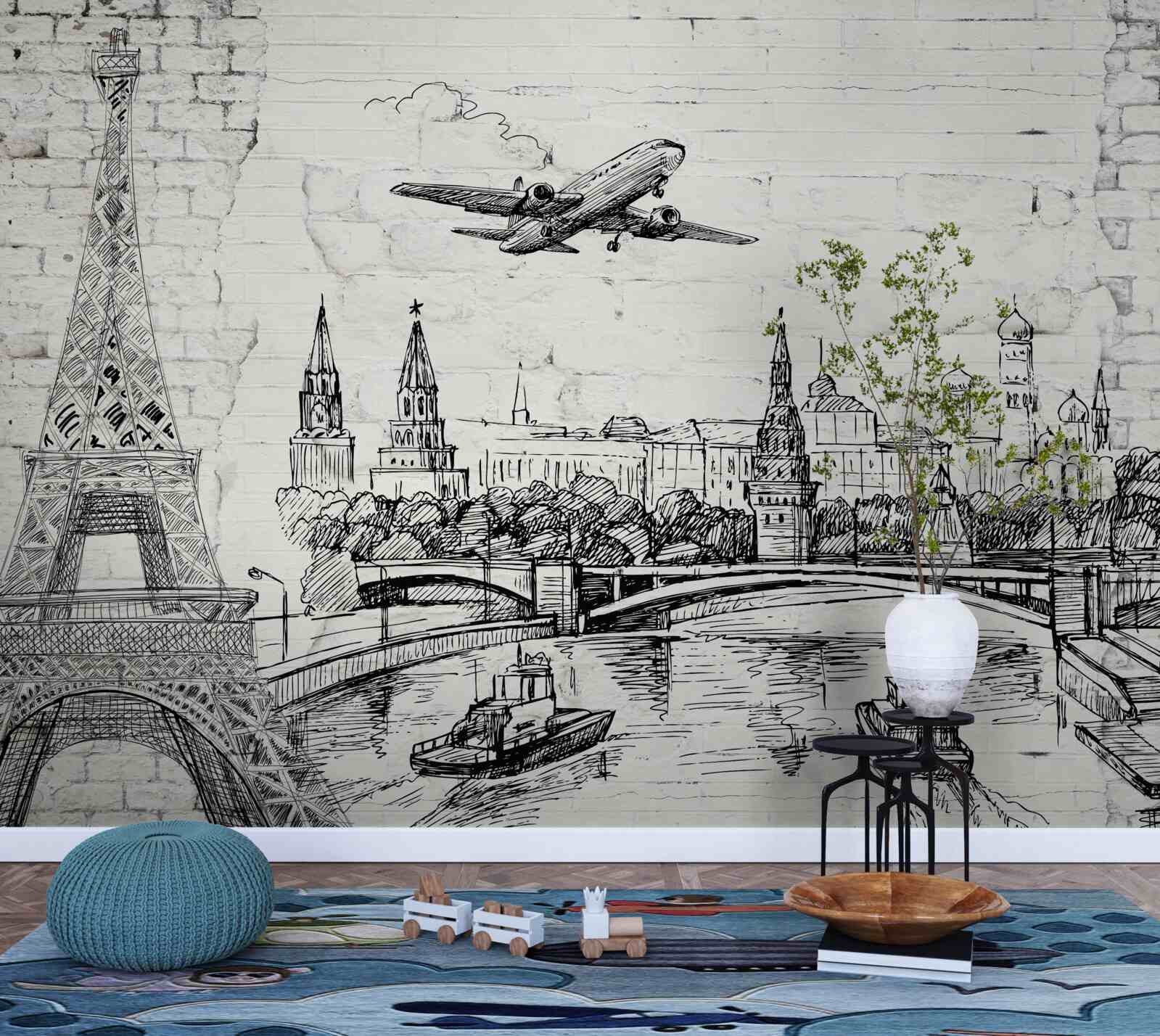 Fototapet un oraș în alb și negru, construit din cărămizi albe