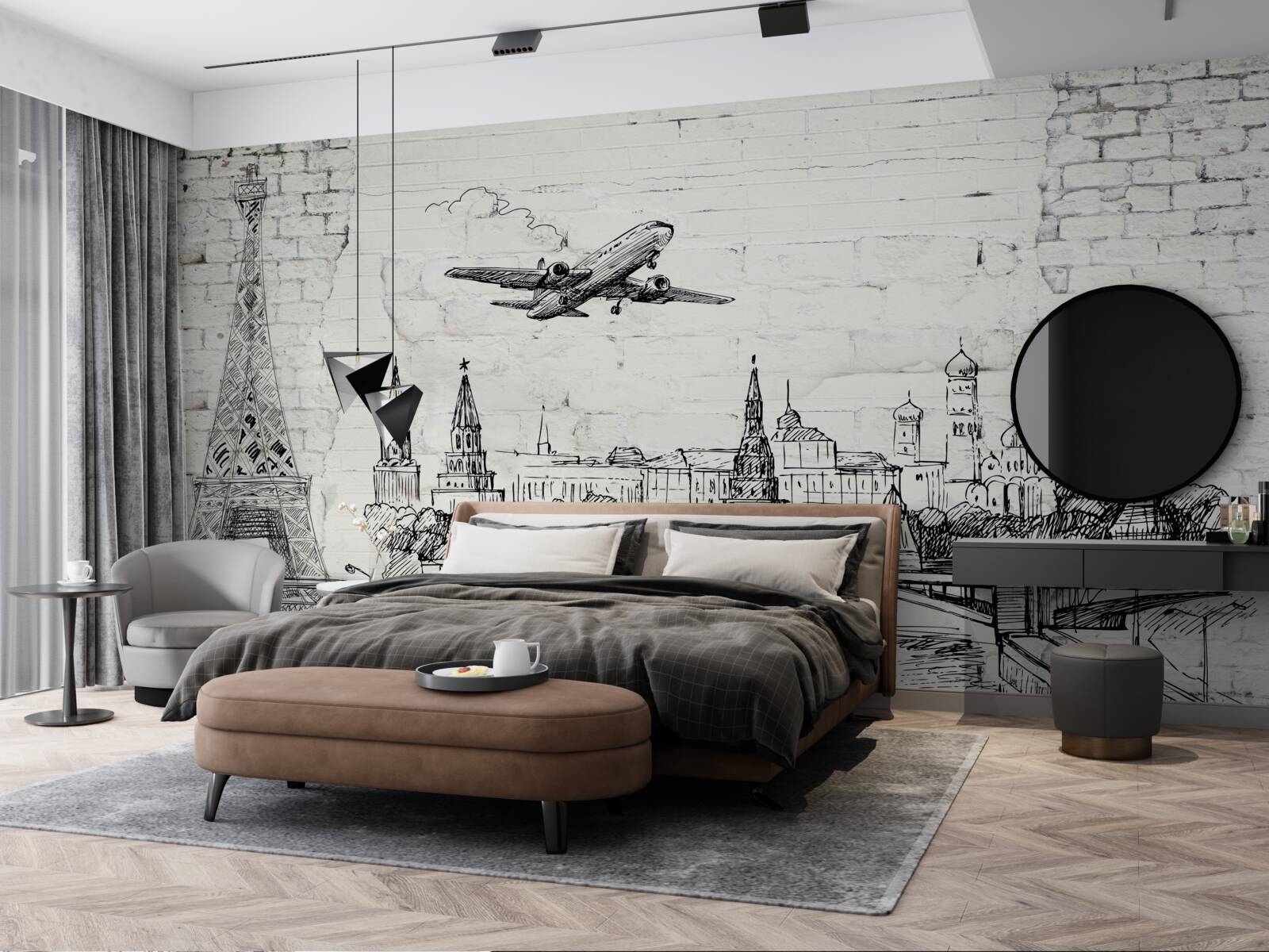 Fototapet un oraș în alb și negru, construit din cărămizi albe