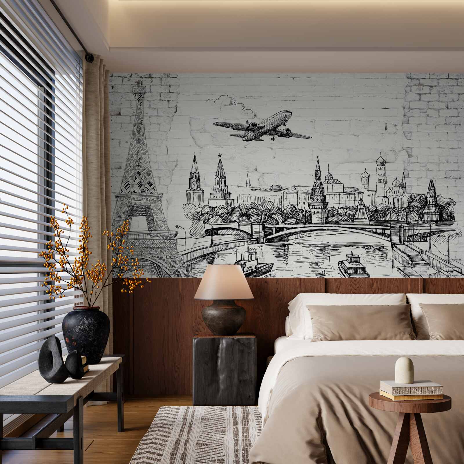 Fototapet un oraș în alb și negru, construit din cărămizi albe