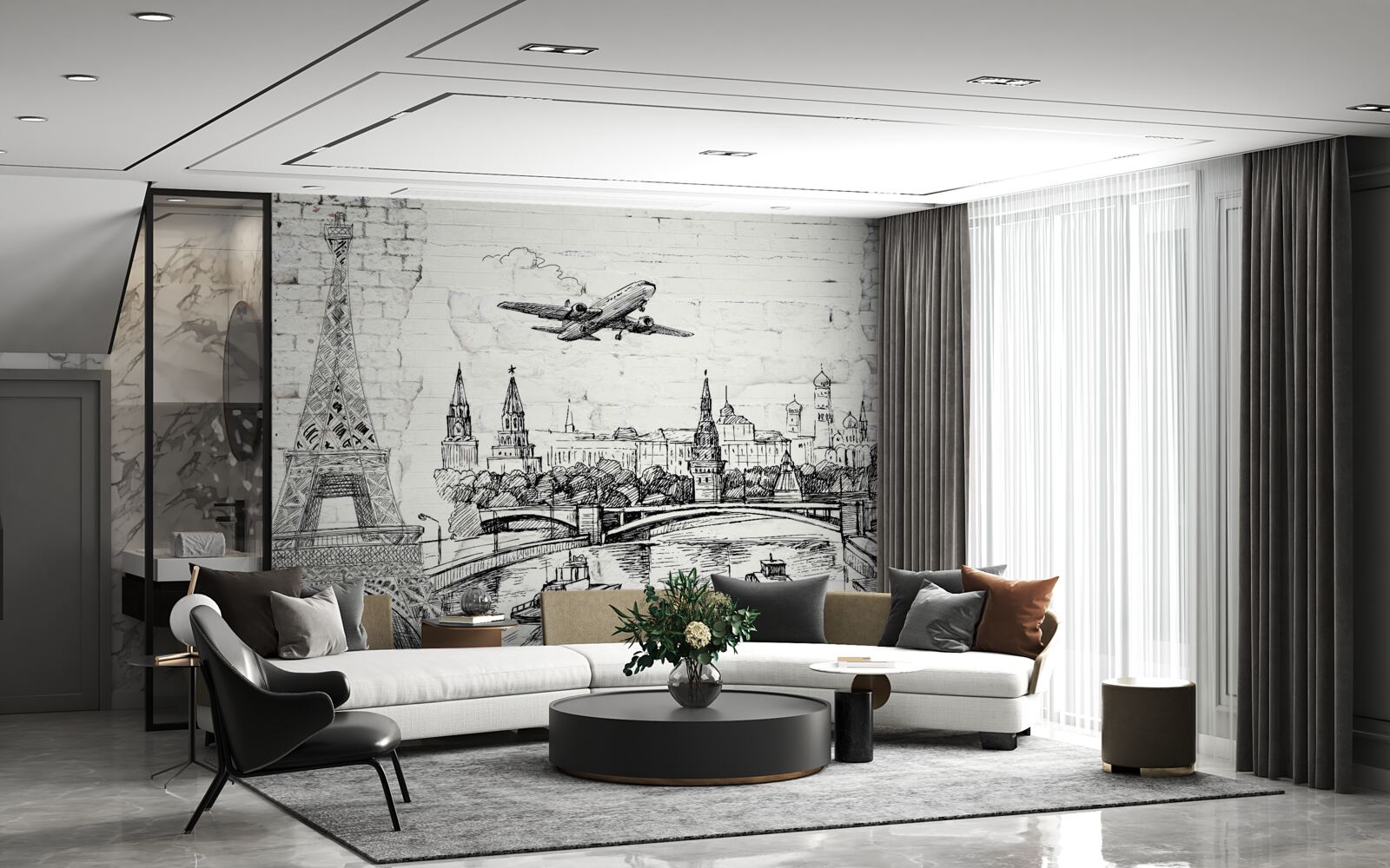 Fototapet un oraș în alb și negru, construit din cărămizi albe