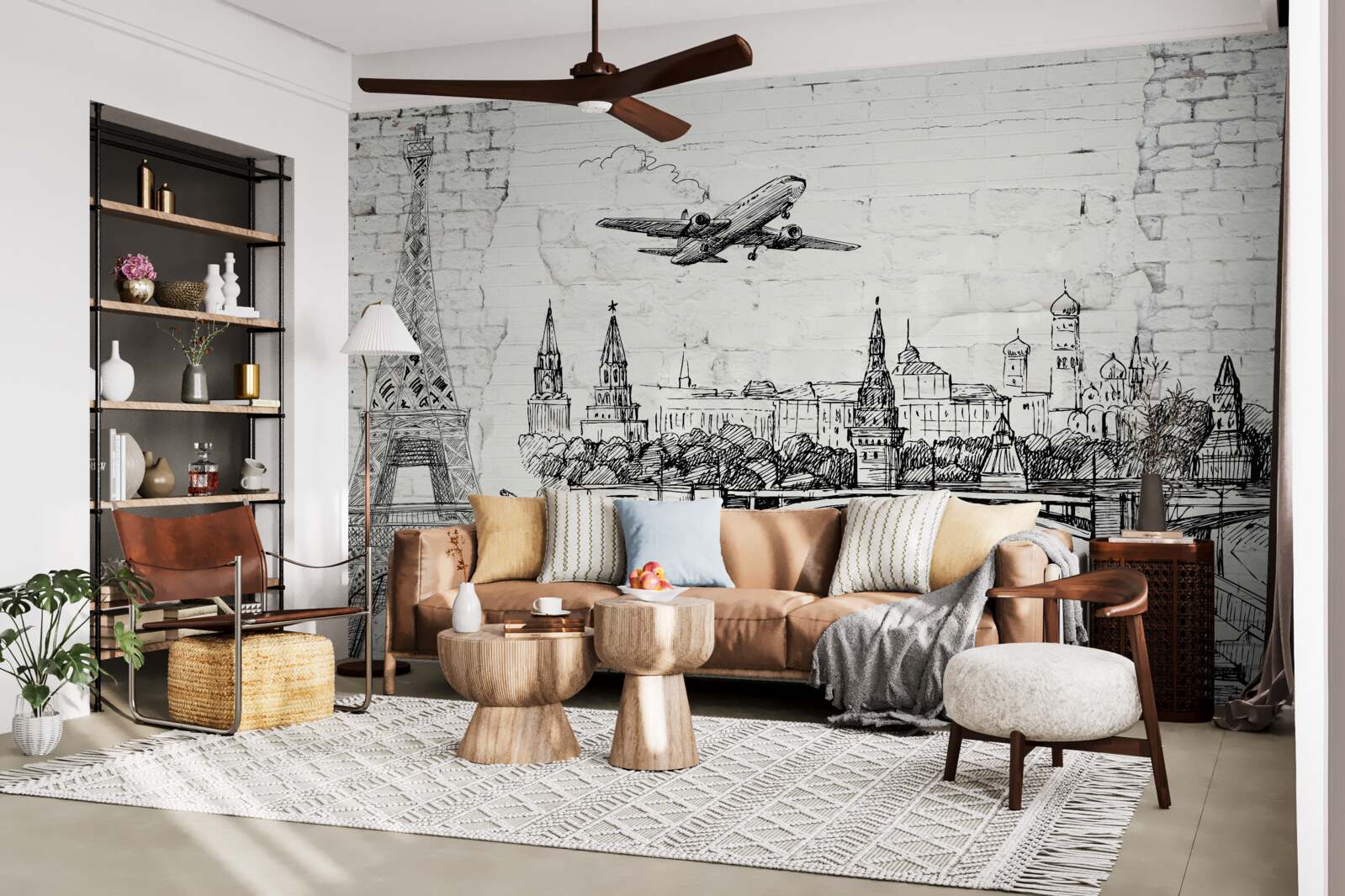 Fototapet un oraș în alb și negru, construit din cărămizi albe