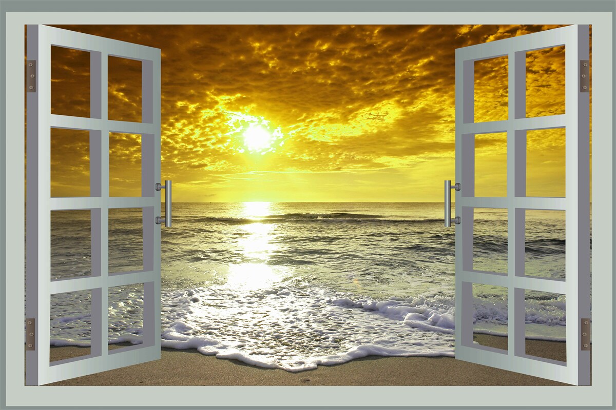 Fototapet vedere magnifică a apusului de soare pe mare direct de la fereastră