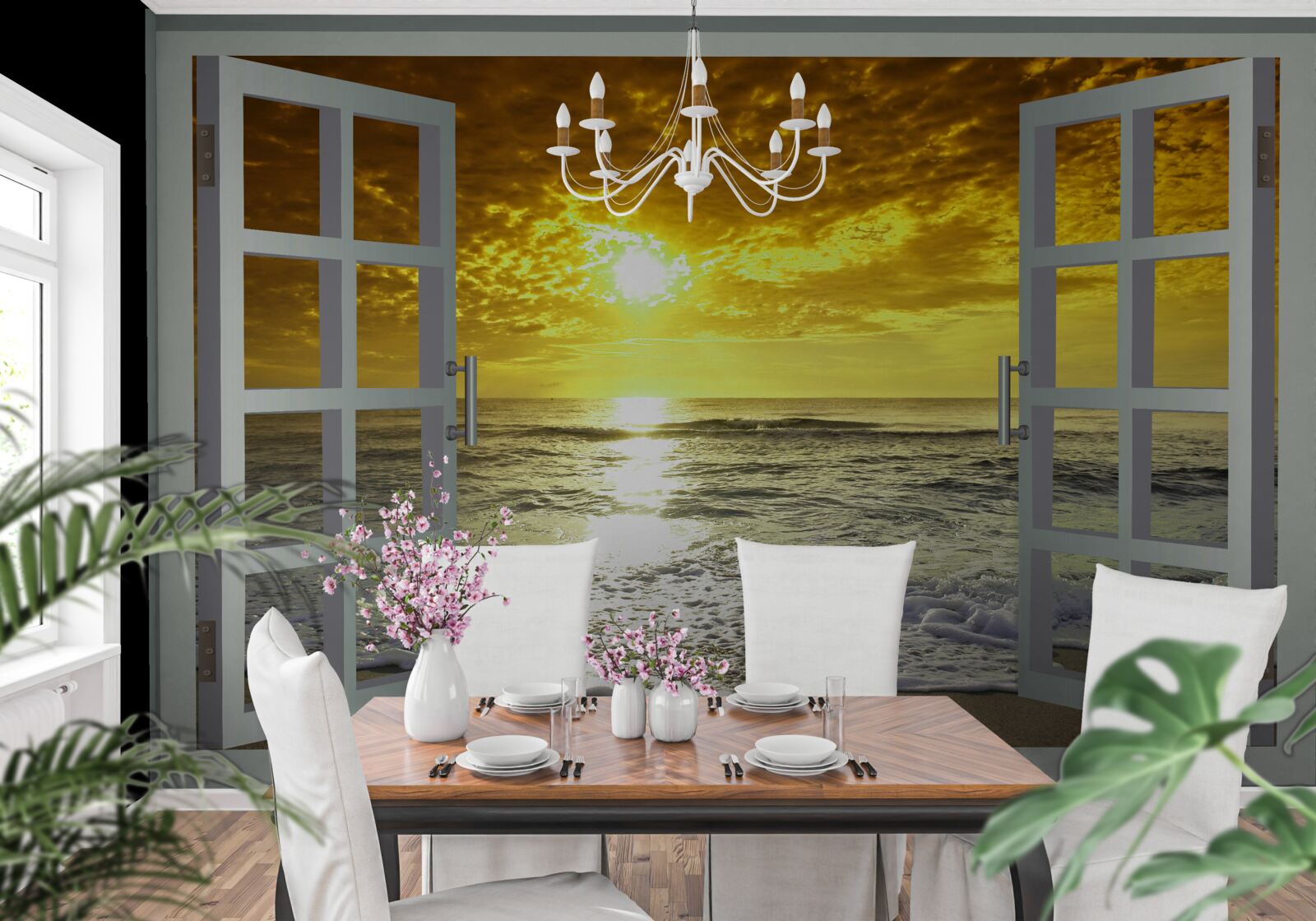 Fototapet vedere magnifică a apusului de soare pe mare direct de la fereastră