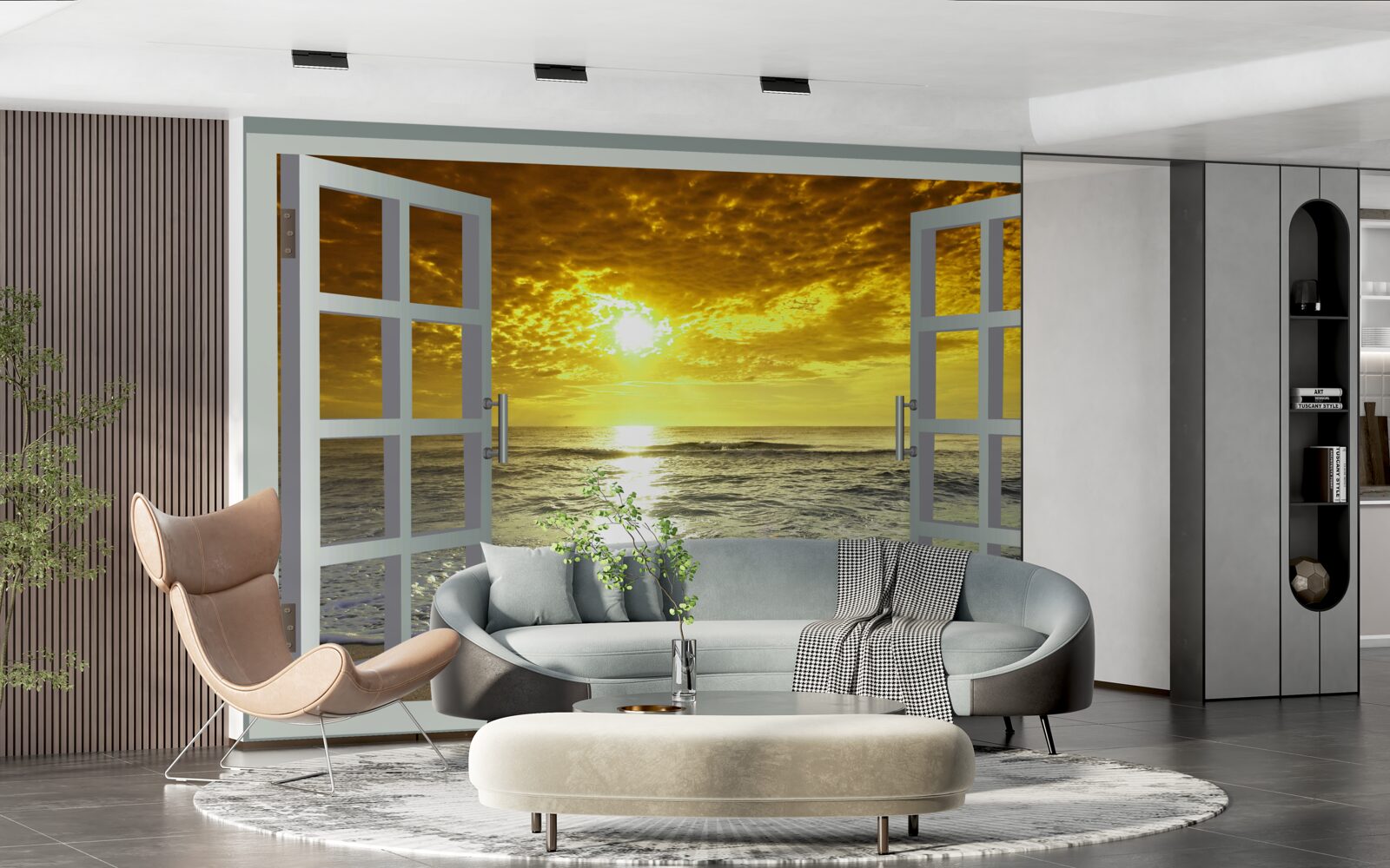 Fototapet vedere magnifică a apusului de soare pe mare direct de la fereastră