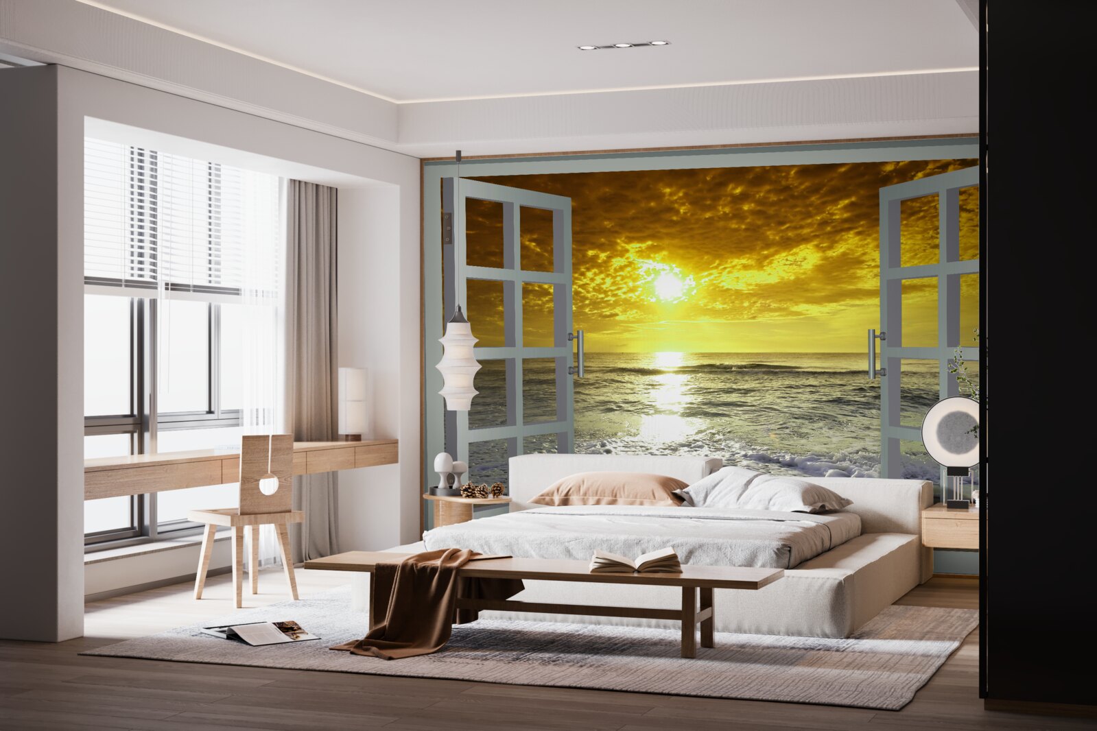 Fototapet vedere magnifică a apusului de soare pe mare direct de la fereastră