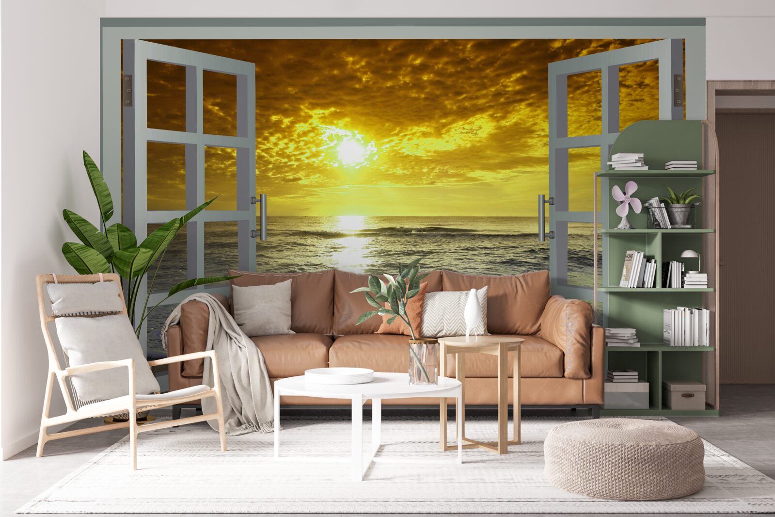 Fototapet vedere magnifică a apusului de soare pe mare direct de la fereastră