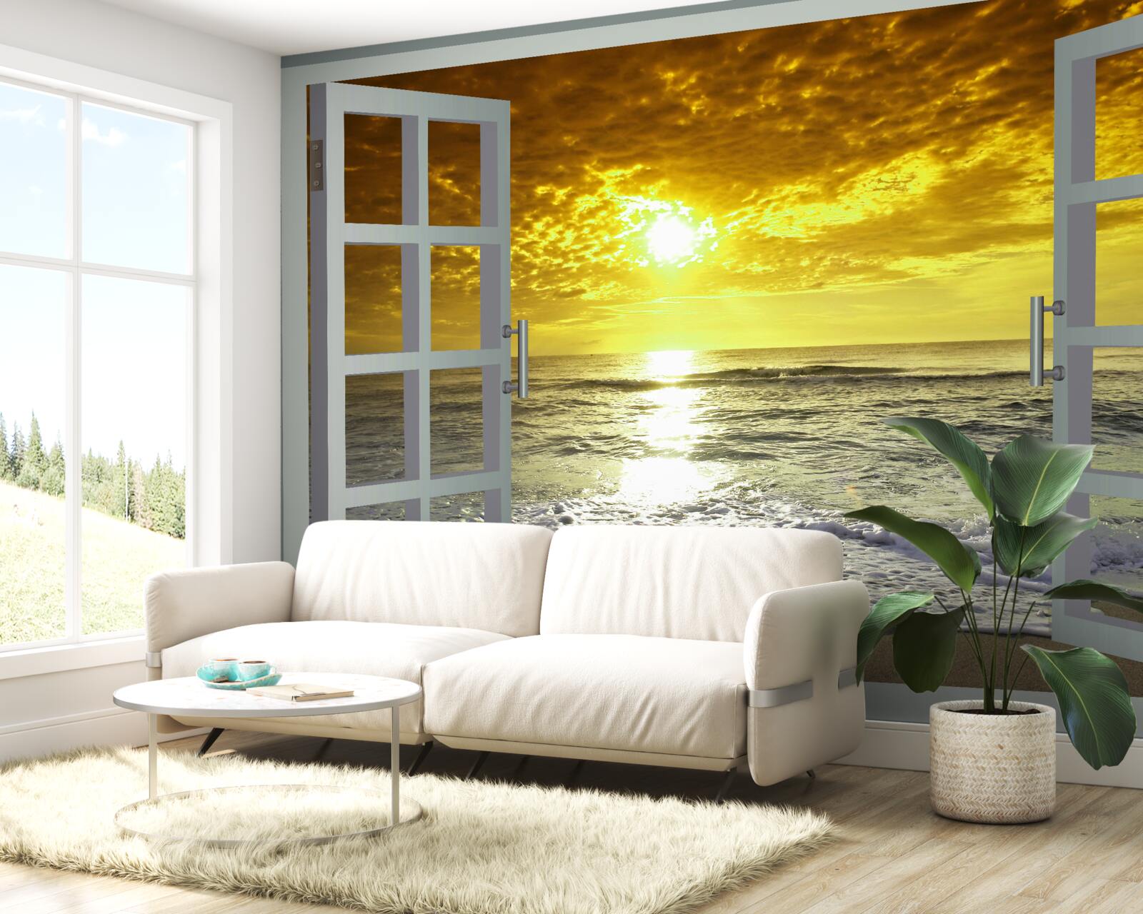 Fototapet vedere magnifică a apusului de soare pe mare direct de la fereastră