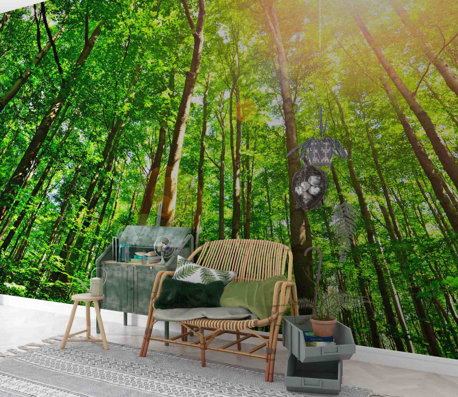 Fototapet lumina bogată a soarelui pătrunde prin marginile dense ale pădurii