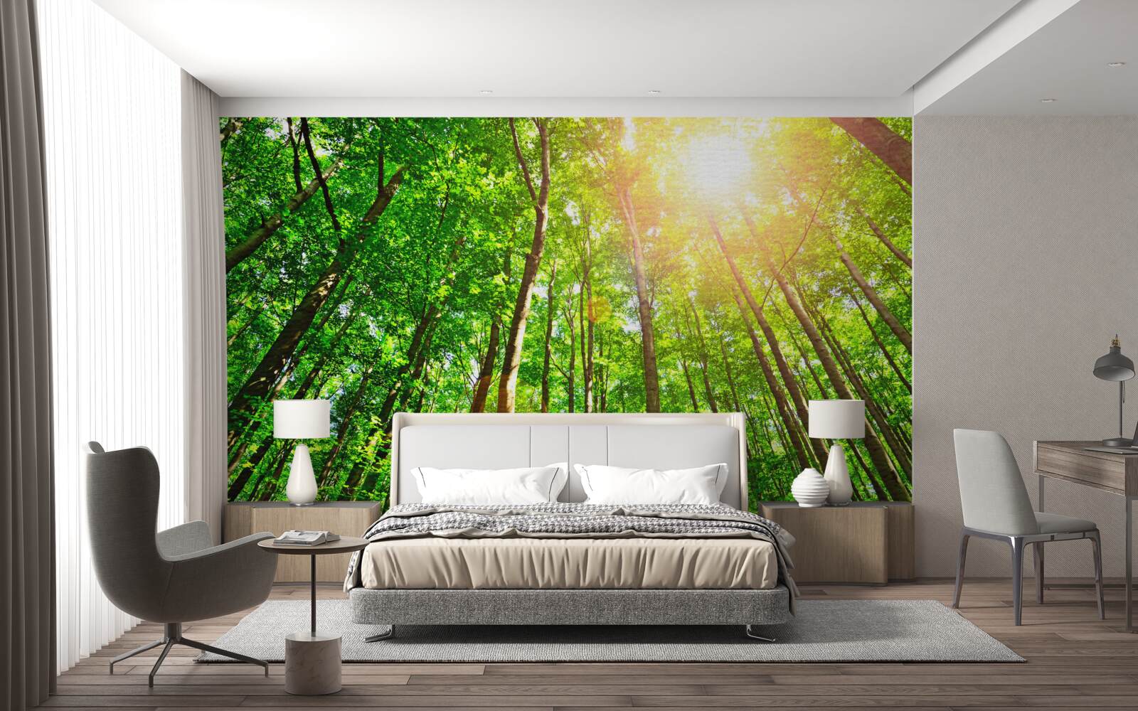 Fototapet lumina bogată a soarelui pătrunde prin marginile dense ale pădurii