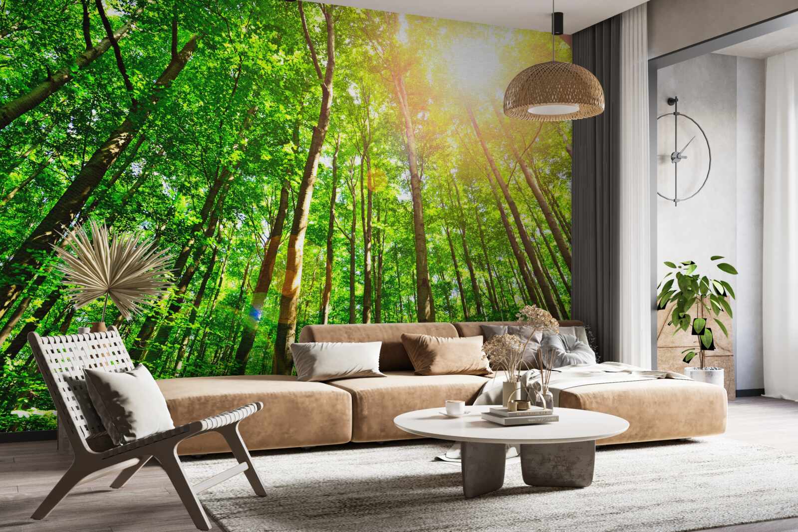 Fototapet lumina bogată a soarelui pătrunde prin marginile dense ale pădurii