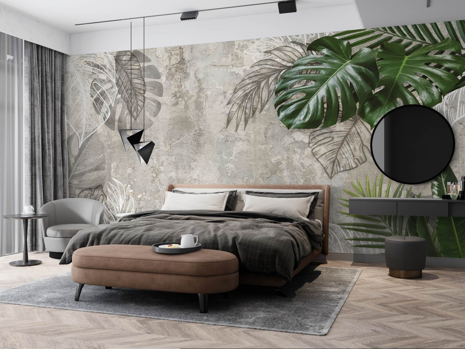 Fototapet acuarele reprezentând o monstera și o ferigă