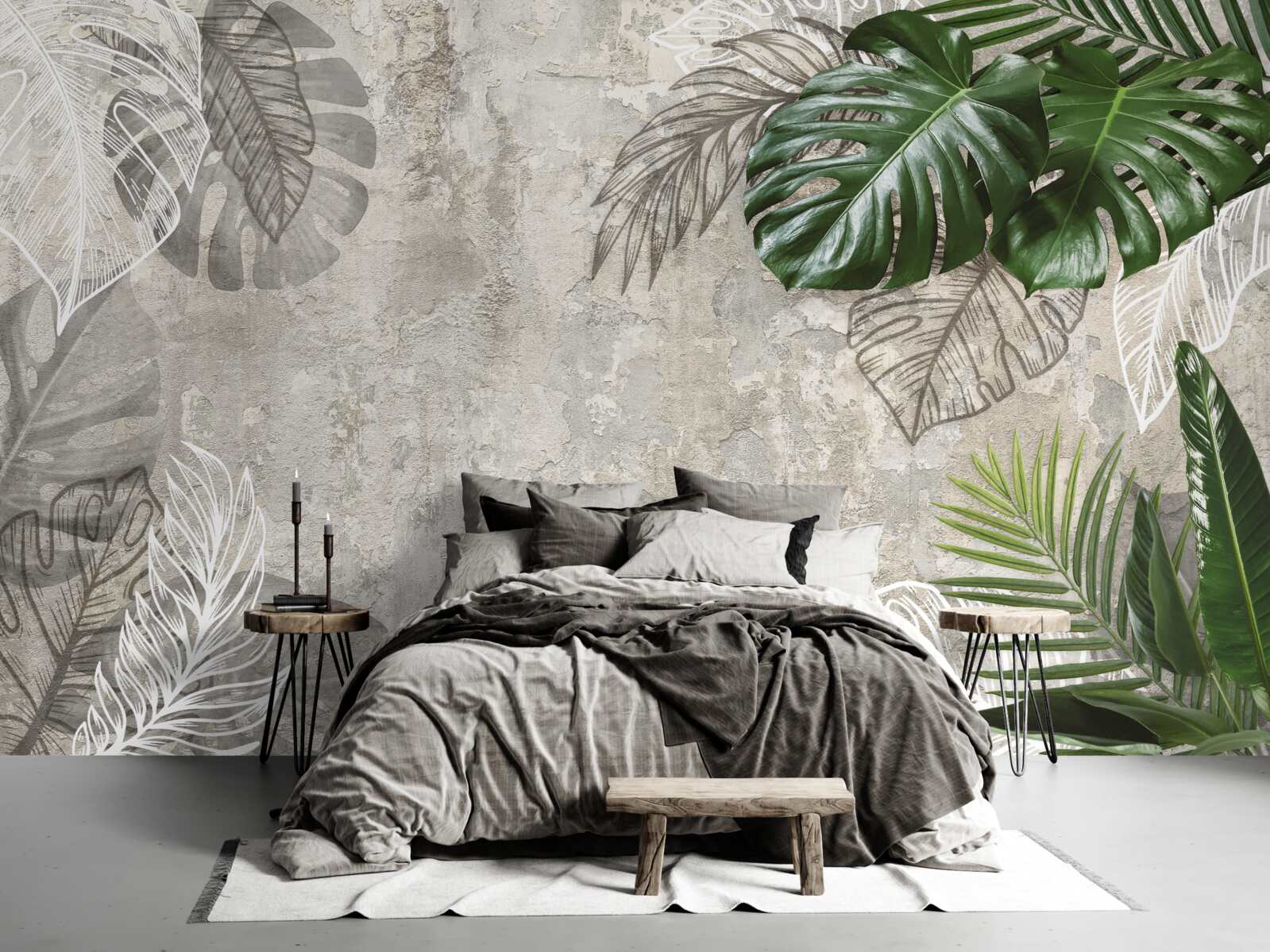 Fototapet acuarele reprezentând o monstera și o ferigă