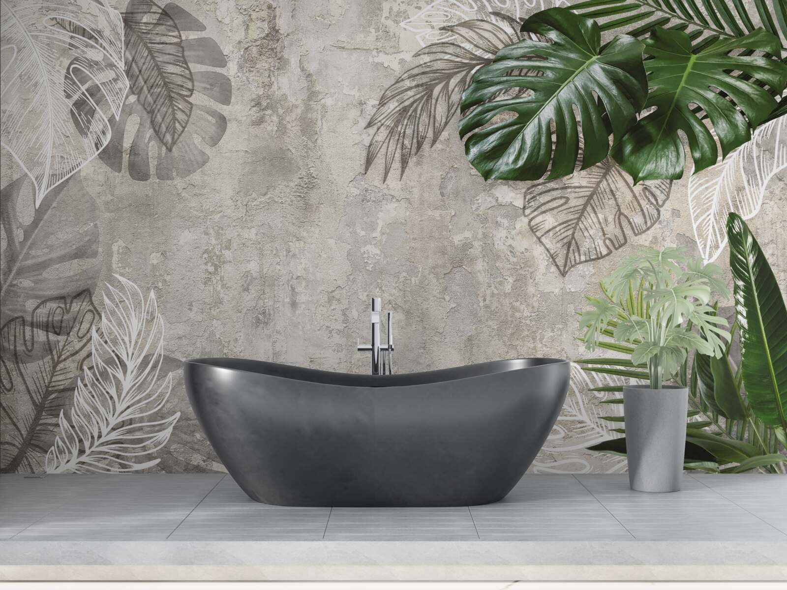 Fototapet acuarele reprezentând o monstera și o ferigă