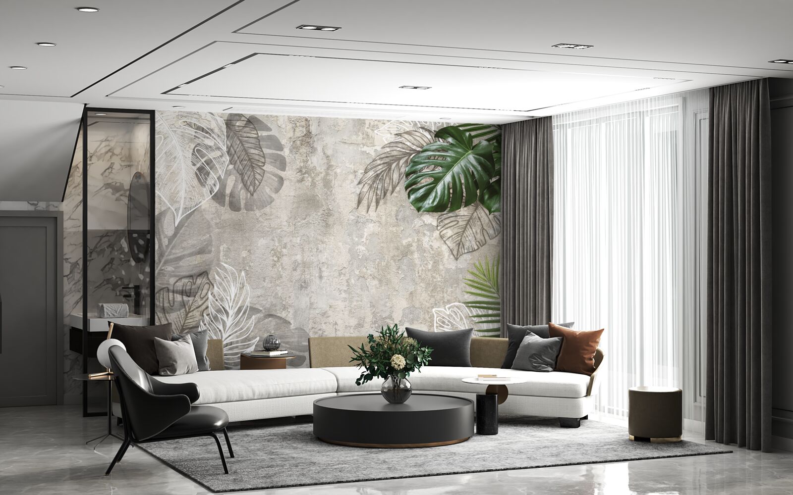 Fototapet acuarele reprezentând o monstera și o ferigă