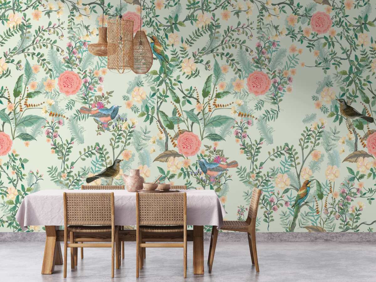 Fototapet Floră verde și păsări pline de viață