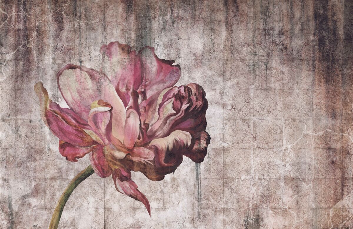 Fototapet o floare stacojie solitară într-o ploaie torențială