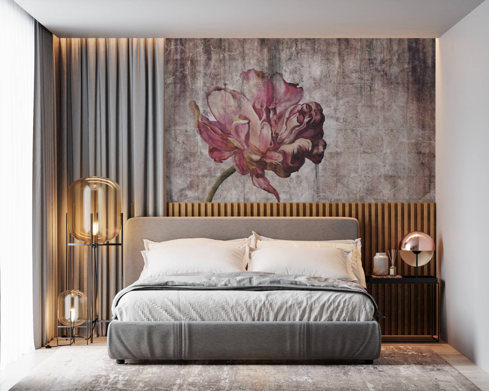 Fototapet o floare stacojie solitară într-o ploaie torențială