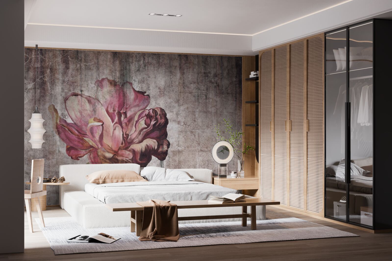 Fototapet o floare stacojie solitară într-o ploaie torențială