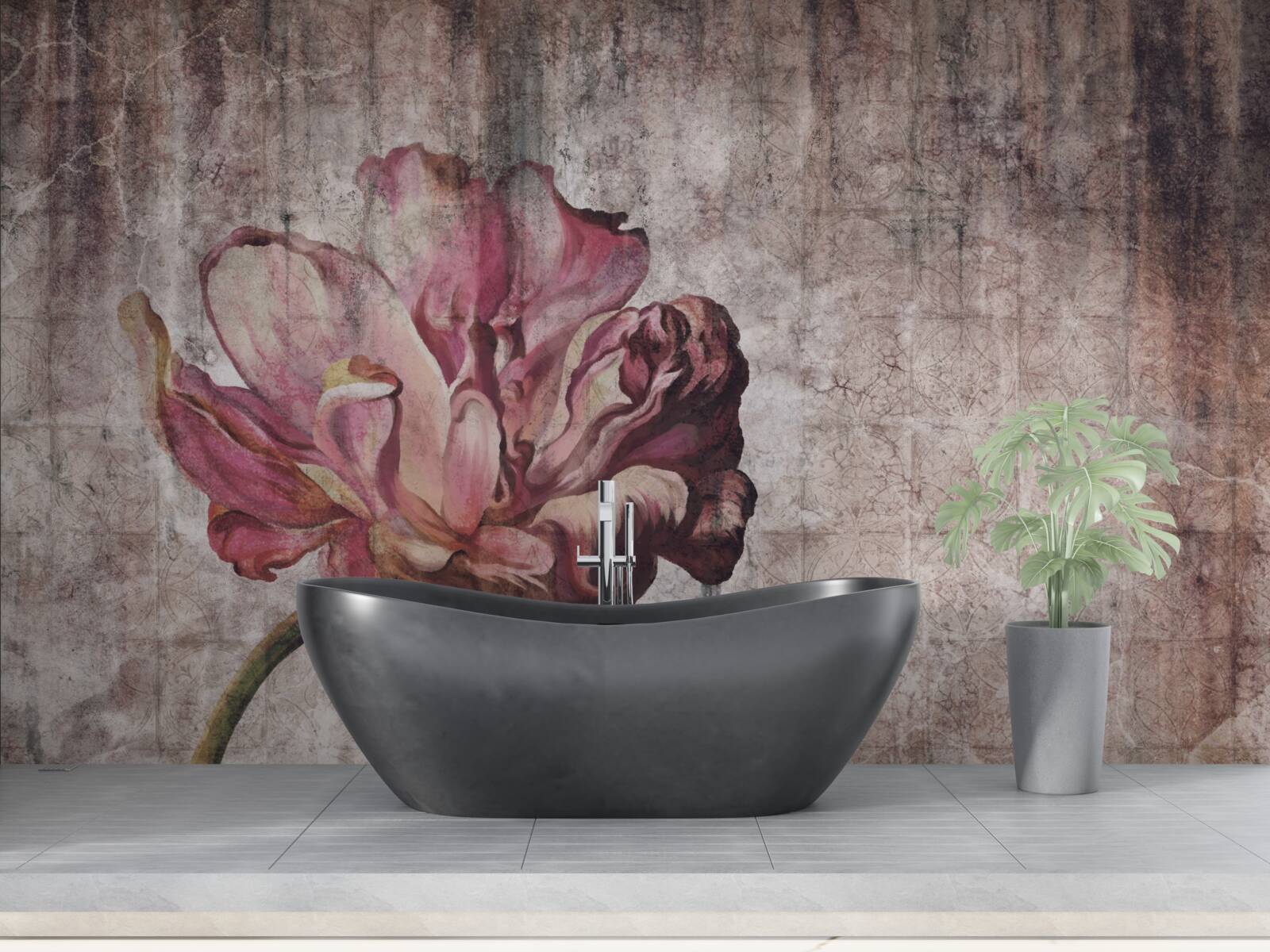 Fototapet o floare stacojie solitară într-o ploaie torențială