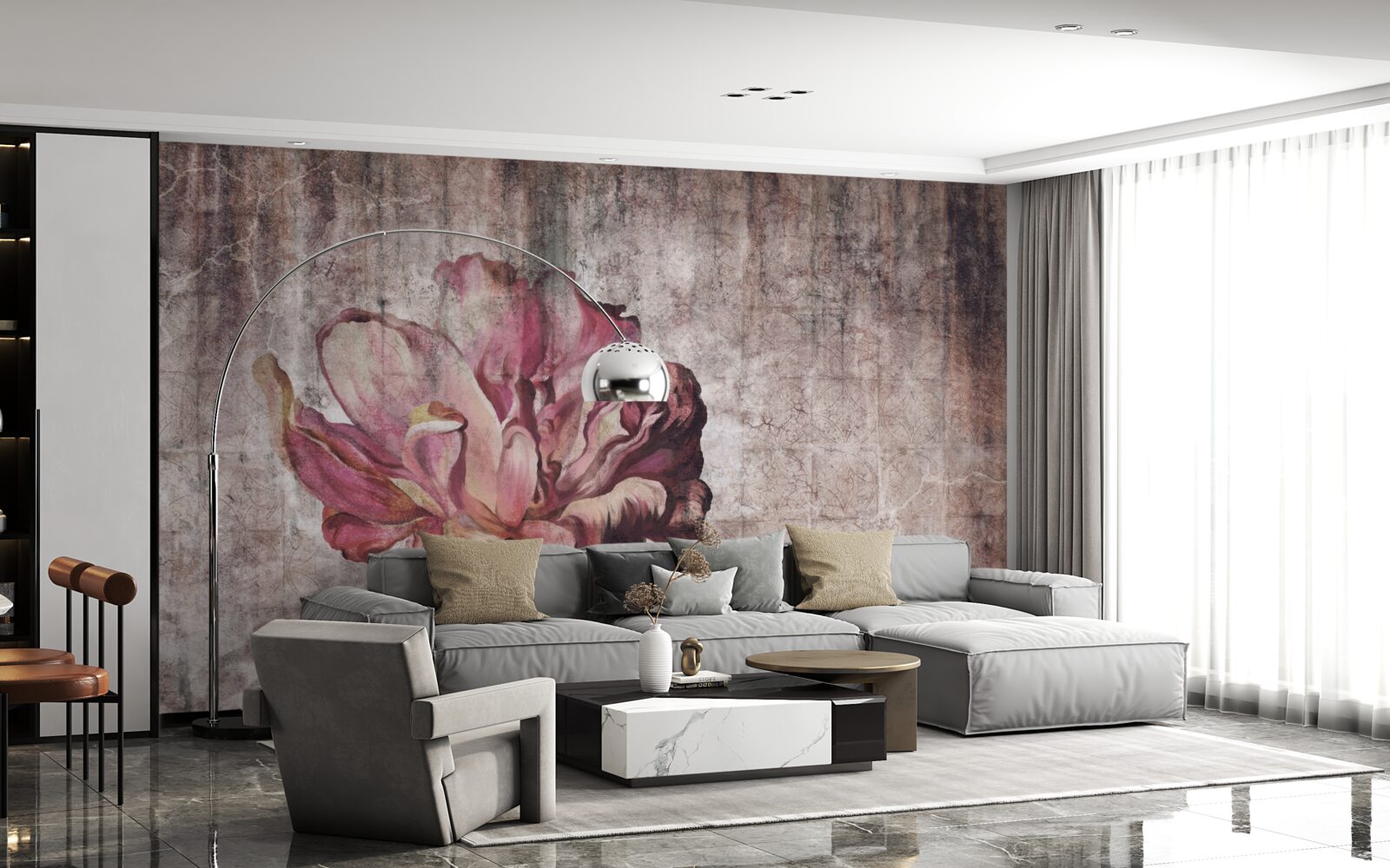 Fototapet o floare stacojie solitară într-o ploaie torențială