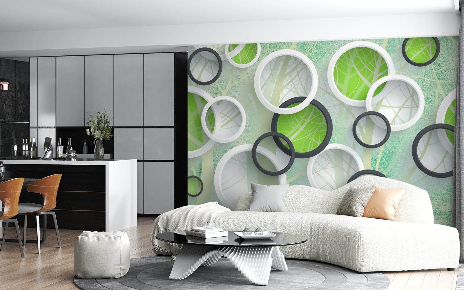 Fototapet cercuri colorate cu imagini abstracte de copaci