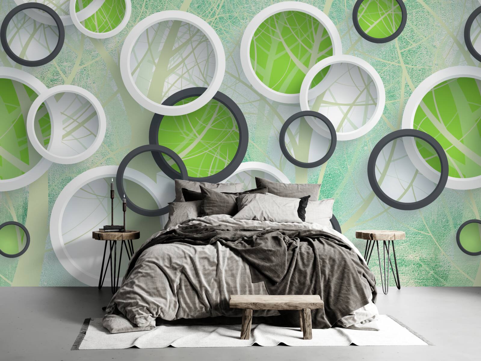 Fototapet cercuri colorate cu imagini abstracte de copaci