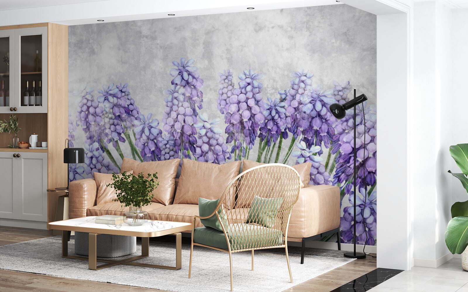 Fototapet O pajiște de flori mov frumoase