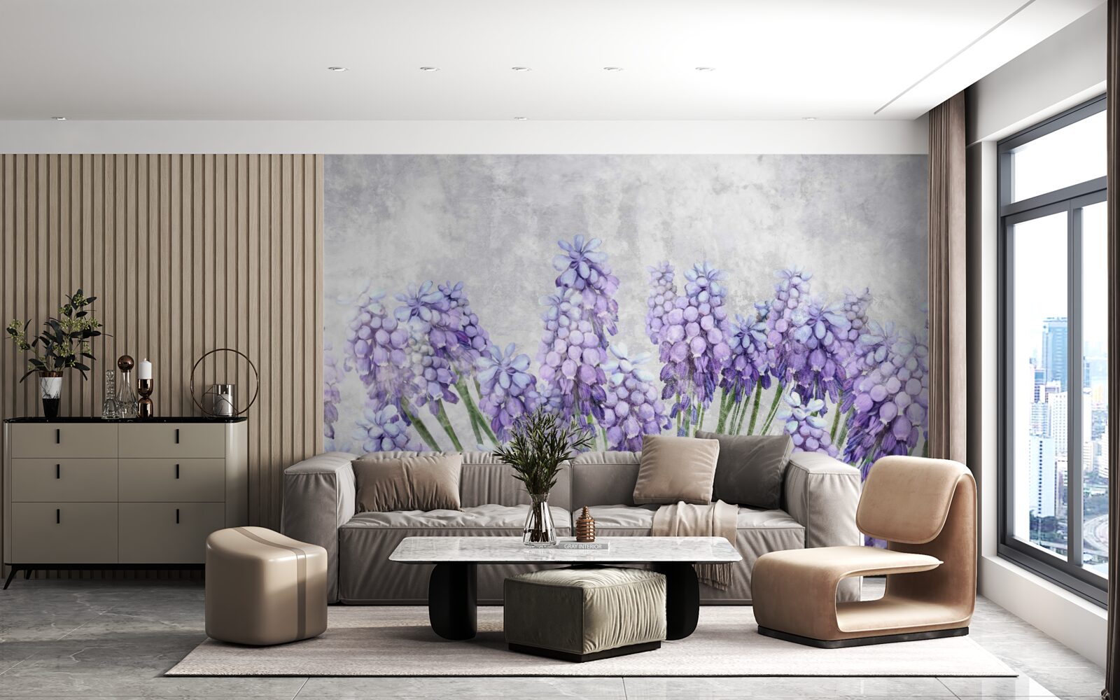 Fototapet O pajiște de flori mov frumoase