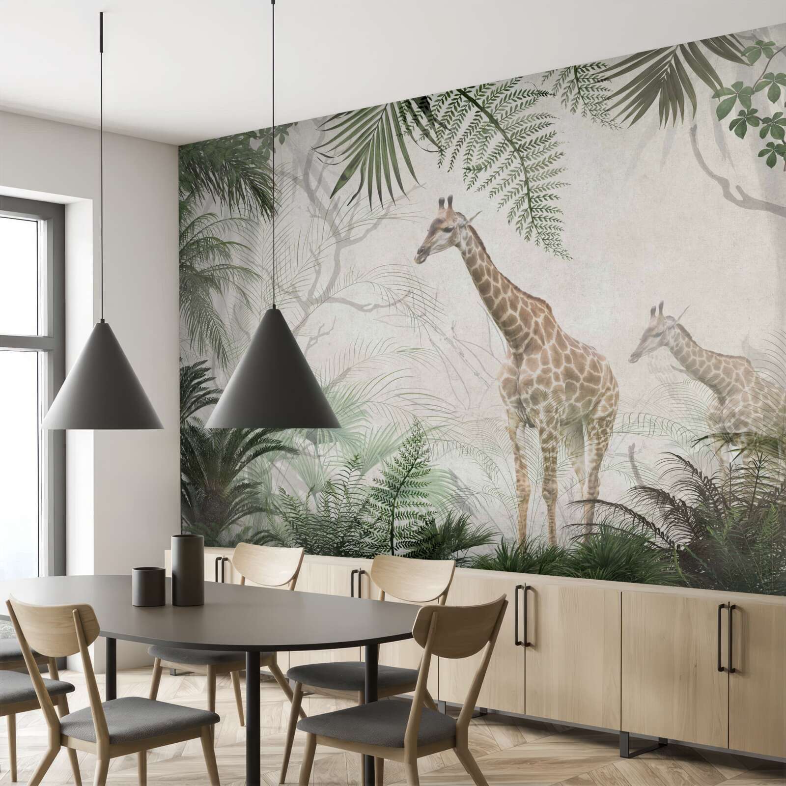 Fototapet o familie de girafe se plimbă pe un drum forestier