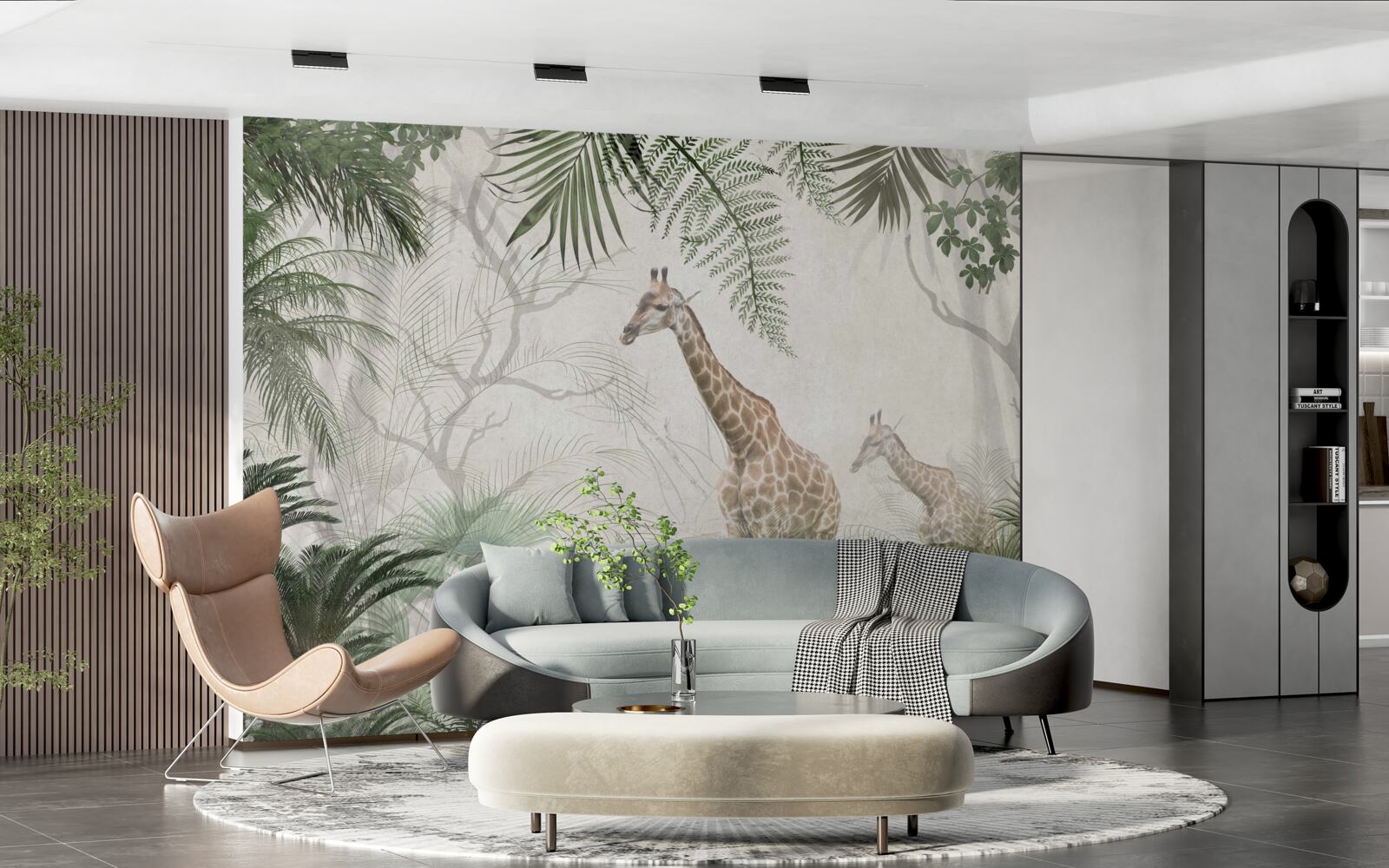 Fototapet o familie de girafe se plimbă pe un drum forestier