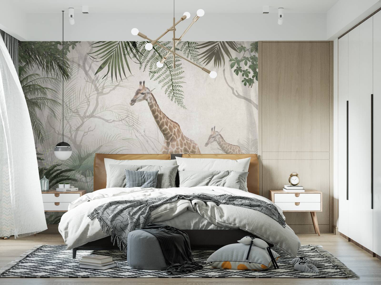 Fototapet o familie de girafe se plimbă pe un drum forestier