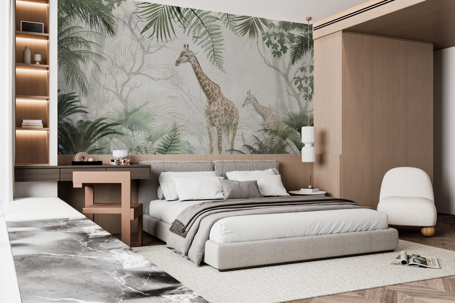 Fototapet o familie de girafe se plimbă pe un drum forestier