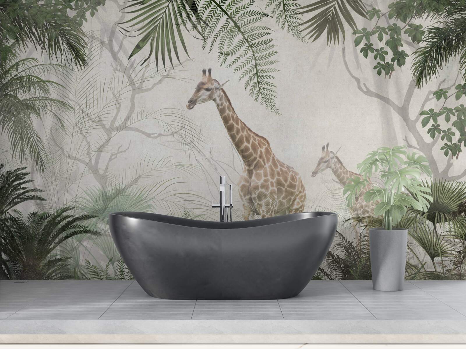 Fototapet o familie de girafe se plimbă pe un drum forestier