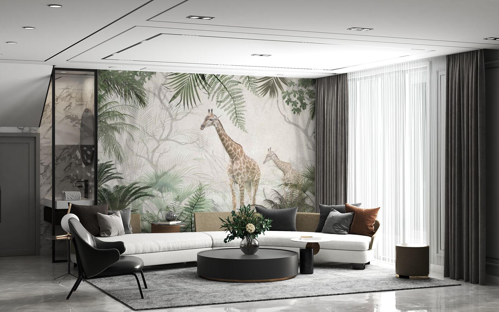 Fototapet o familie de girafe se plimbă pe un drum forestier