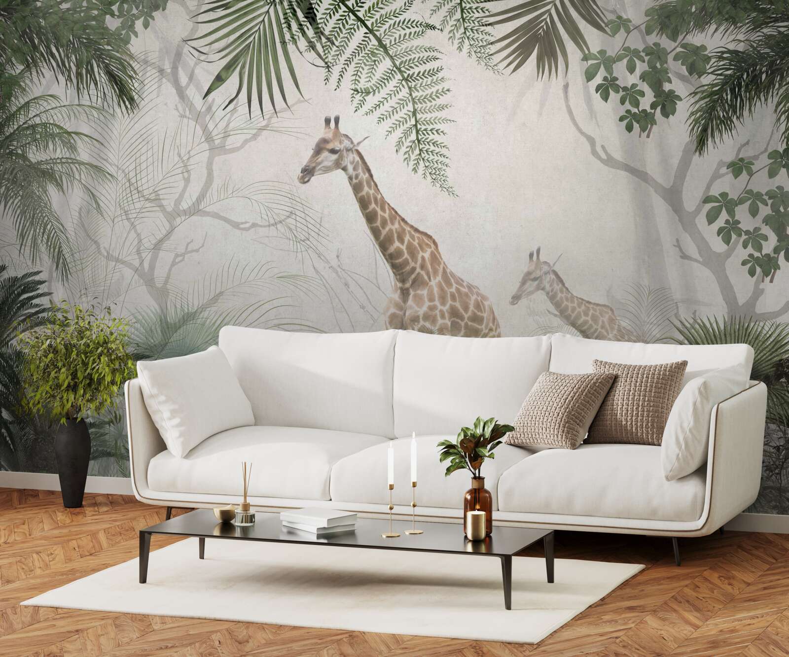 Fototapet o familie de girafe se plimbă pe un drum forestier