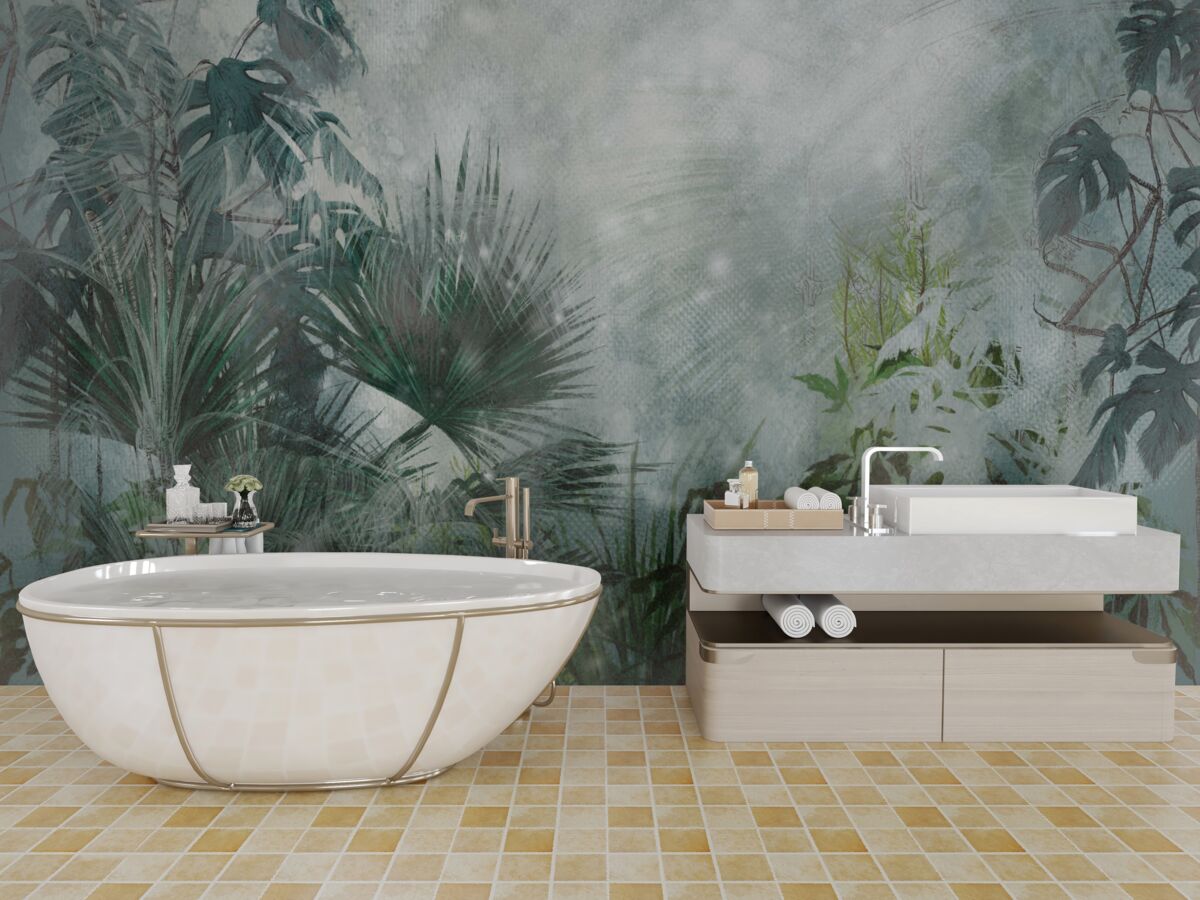 Fototapet dimineață tropicală pe o apă învăluită în ceață