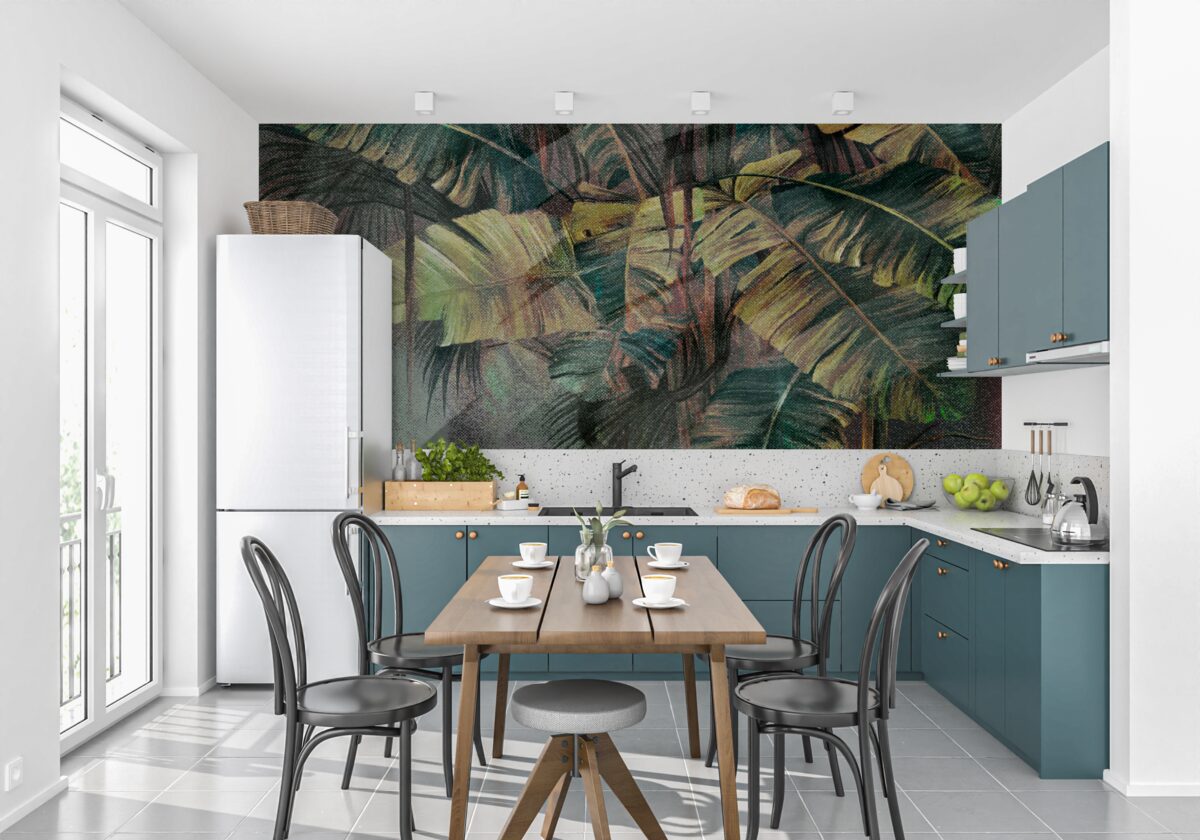 Fototapet frunze de palmier, groase și luxuriante, în ploaia torențială