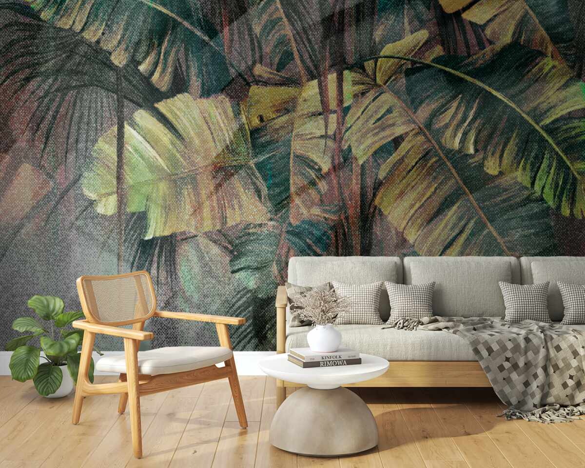 Fototapet frunze de palmier, groase și luxuriante, în ploaia torențială