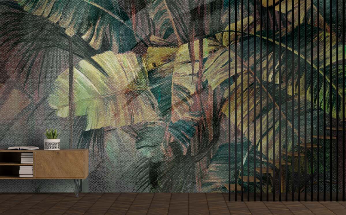 Fototapet frunze de palmier, groase și luxuriante, în ploaia torențială