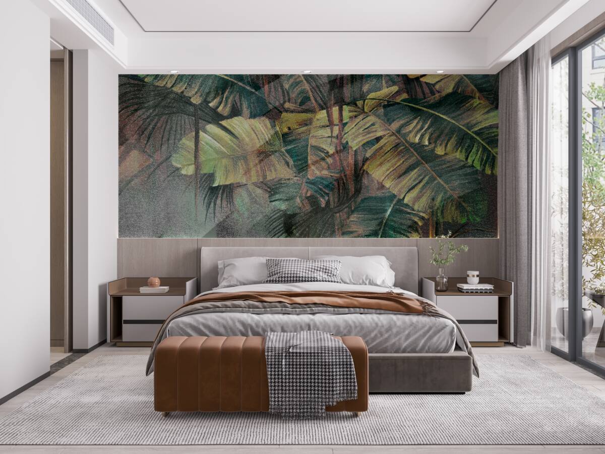 Fototapet frunze de palmier, groase și luxuriante, în ploaia torențială