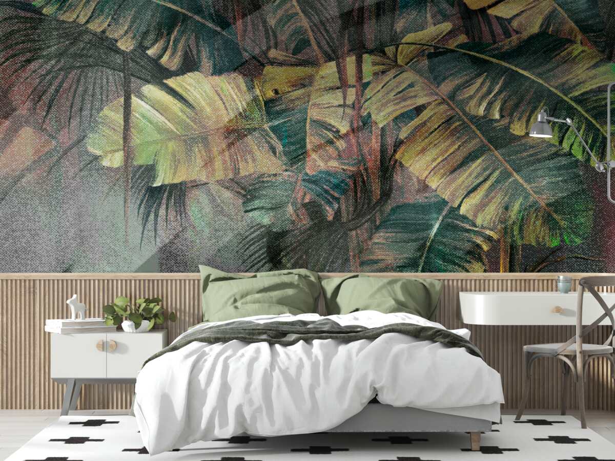 Fototapet frunze de palmier, groase și luxuriante, în ploaia torențială