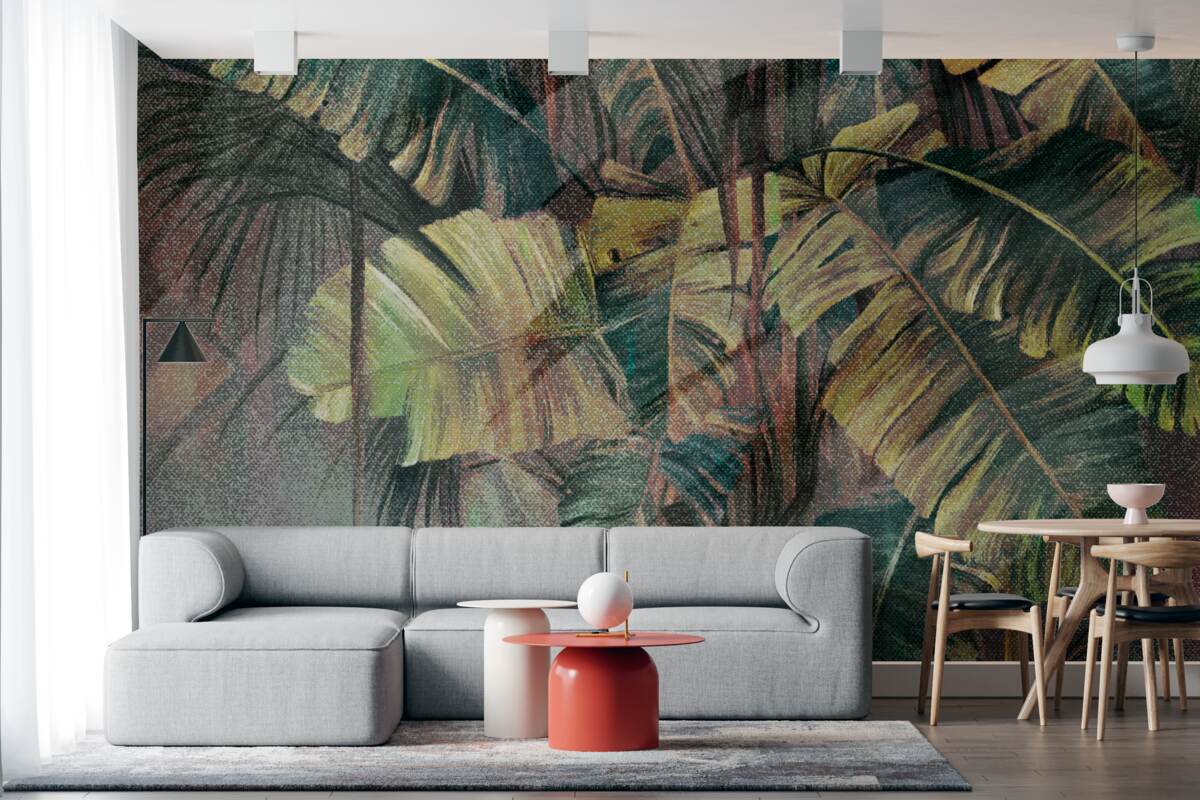 Fototapet frunze de palmier, groase și luxuriante, în ploaia torențială