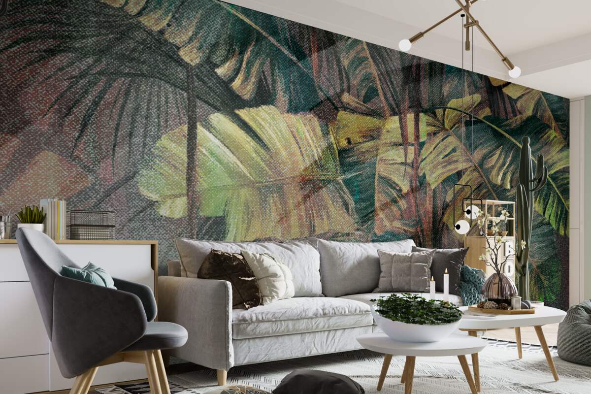 Fototapet frunze de palmier, groase și luxuriante, în ploaia torențială