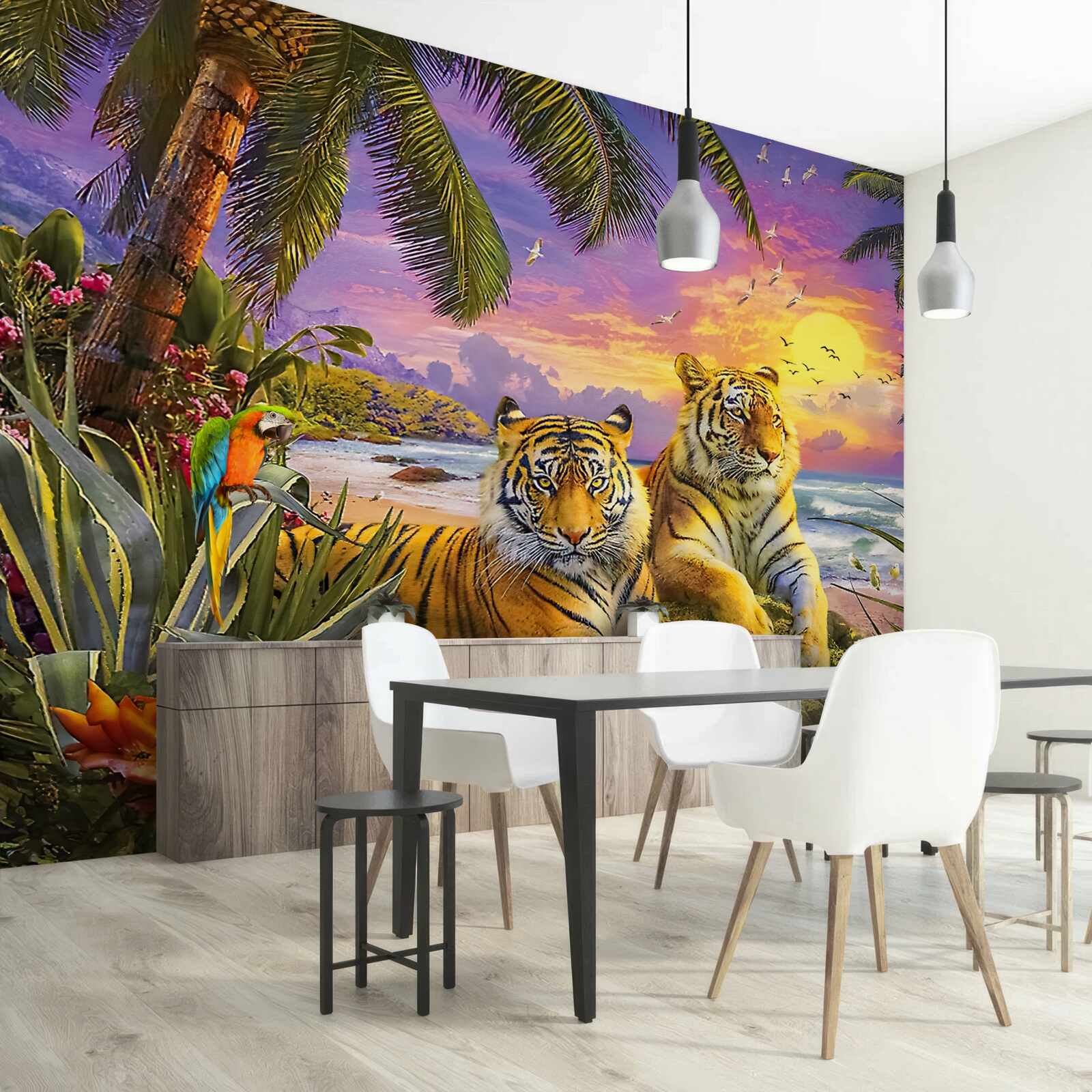 Fototapet doi tigri pe un cer tropical la asfințit