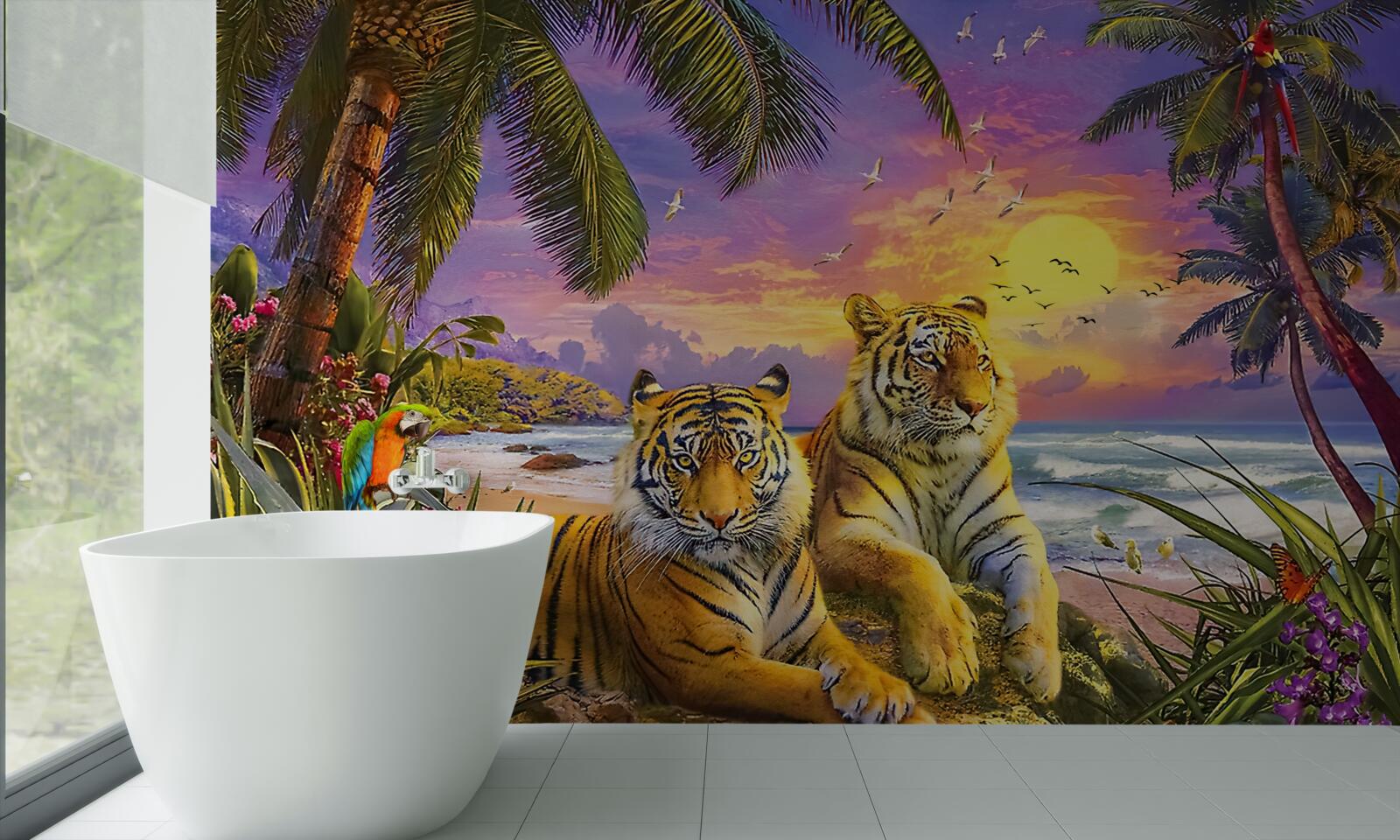 Fototapet doi tigri pe un cer tropical la asfințit