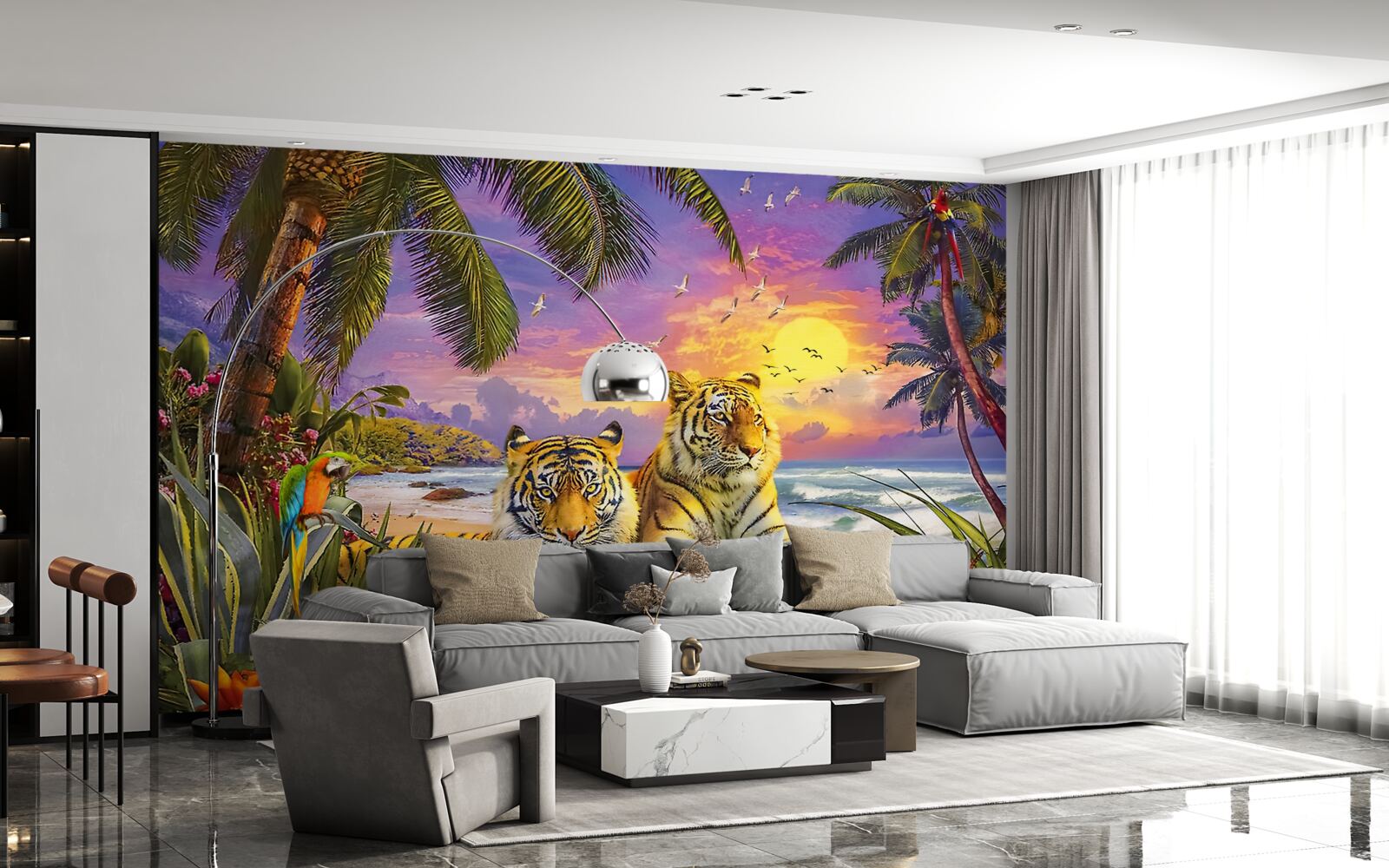 Fototapet doi tigri pe un cer tropical la asfințit