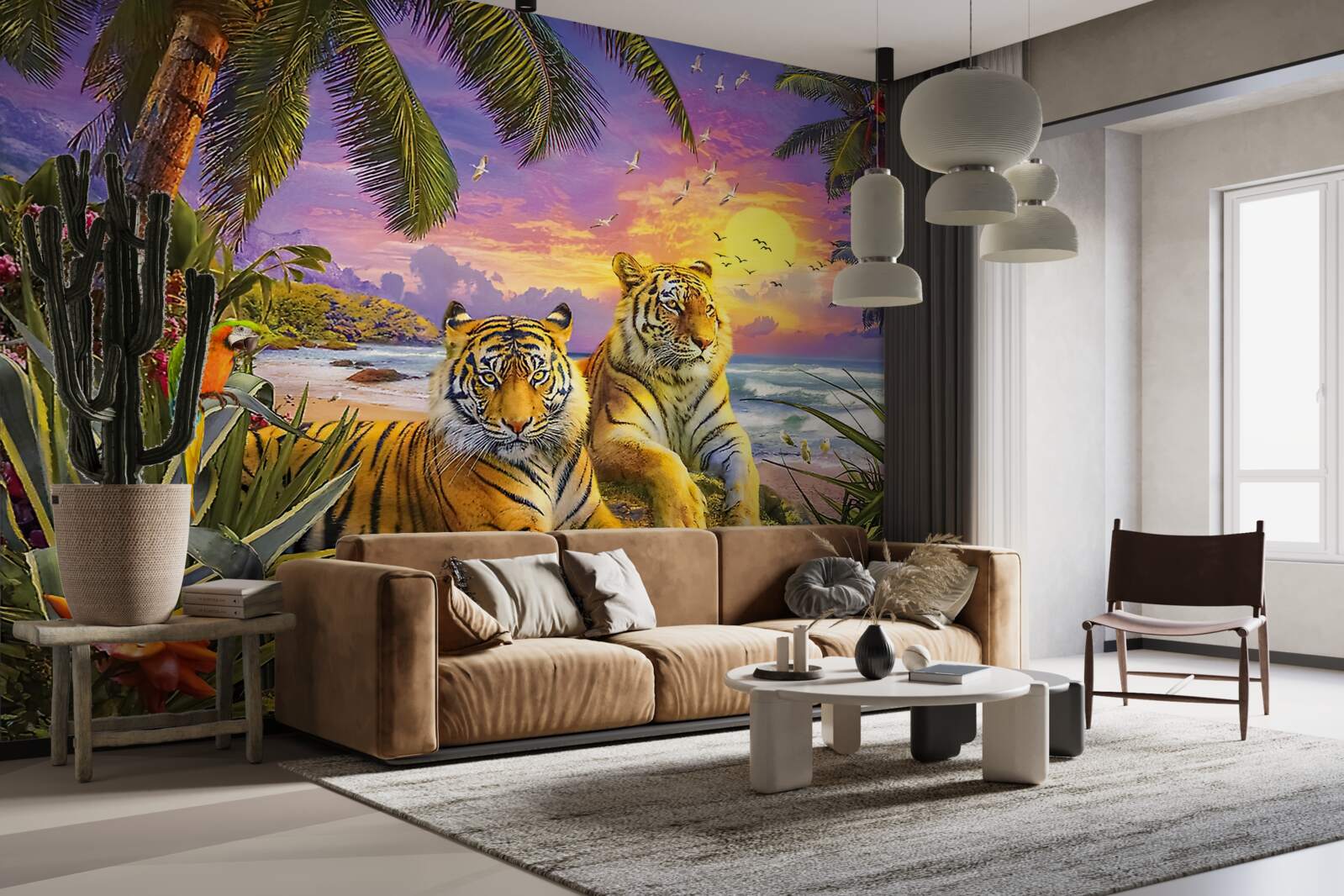 Fototapet doi tigri pe un cer tropical la asfințit